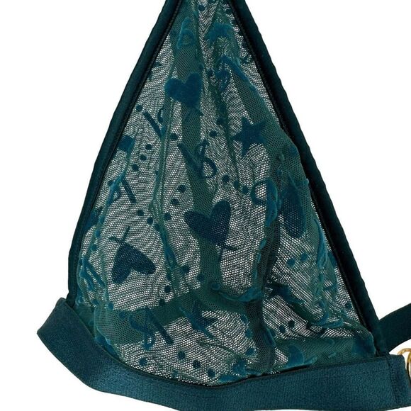 Victorias Secret Bralette Emerald Green Sheer Triangle Velvet Size L Hearts Sexy